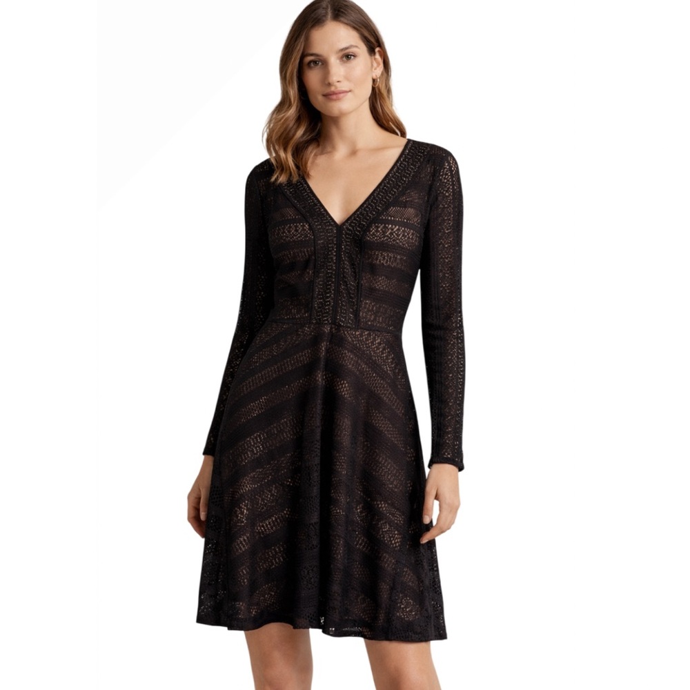White House Black Market Black Lace V-Neck Dress Long Sleeve Fit Flare Stretch